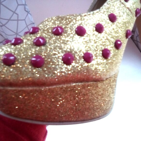 "Ami Clubwear" Size 6.5 Stripper Platform Pumps Heels Gold Sparkle, Pink Bubbles - Picture 14 of 15